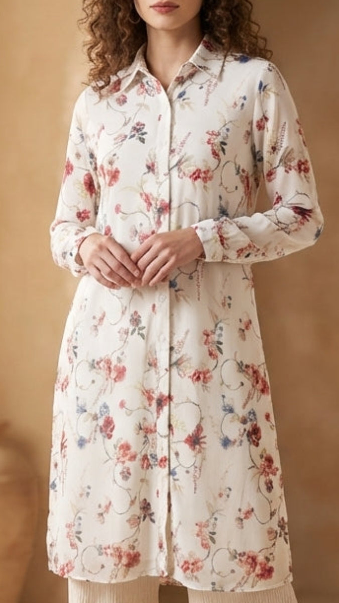 Woman wearing a floral outfit in a warm-toned interior setting