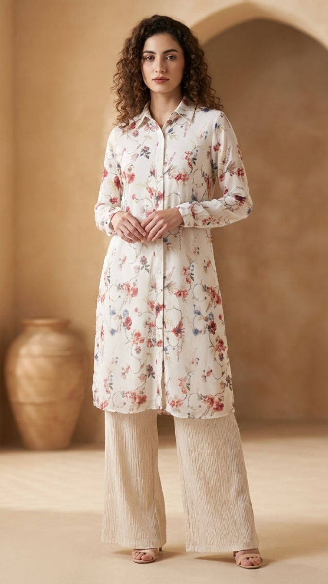 Woman wearing a floral outfit in a warm-toned interior setting