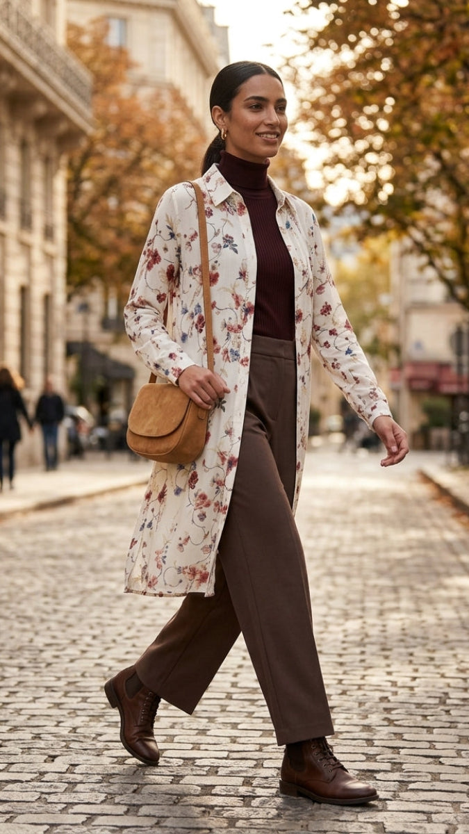 A woman walking on a cobblestone street wearing a long-sleeved cream floral coat over a dark burgundy turtleneck, brown wide-leg trousers, and brown leather boots, while carrying a tan leather shoulder bag.