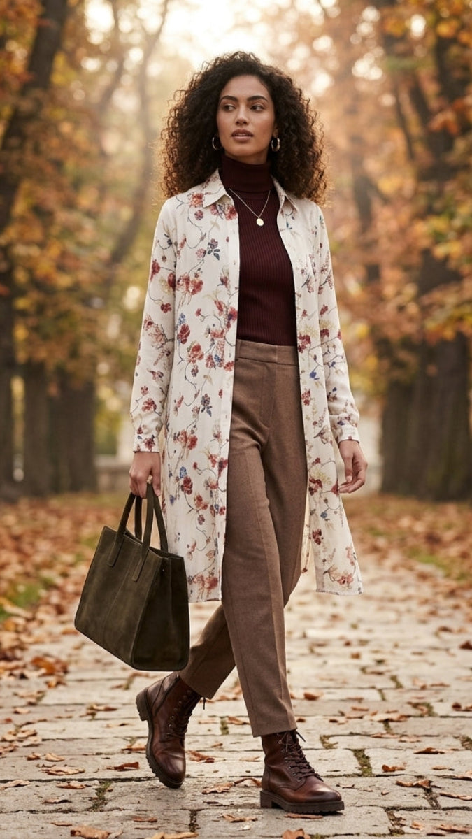A woman stands on a stone path in an autumn park wearing a long cream floral coat over a dark burgundy turtleneck, brown trousers, and brown lace-up boots, while carrying a dark olive tote bag.