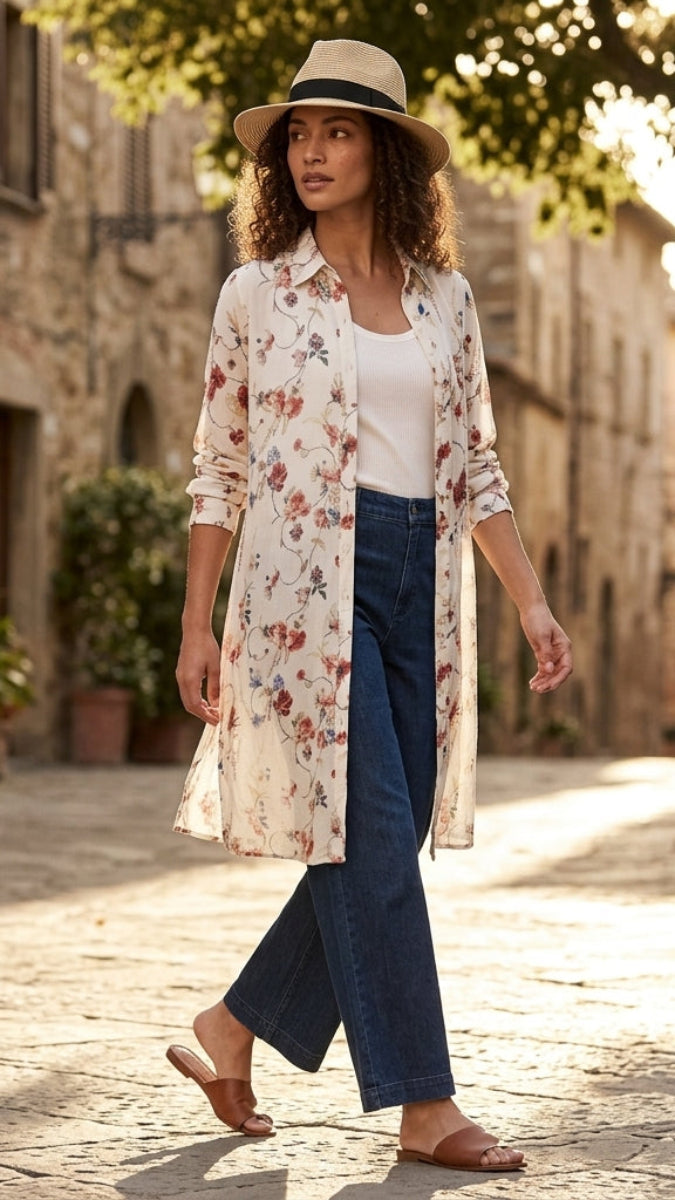 A woman walks down a sunlit cobblestone street wearing a long cream floral shirt jacket over a white top, dark blue wide-leg jeans, and tan flat sandals, with a wide-brim straw hat. Stone buildings and trees line the street in the background.