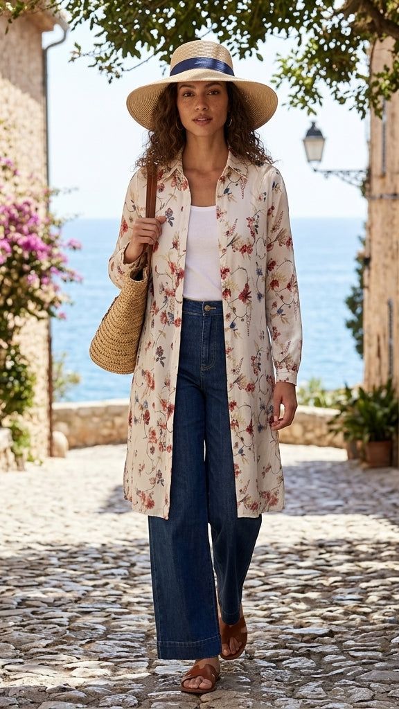 A woman stands on a sunlit cobblestone street in a stone village, wearing a long cream floral cardigan over a white top and blue wide-leg jeans, with a straw hat, woven bag, and brown sandals.