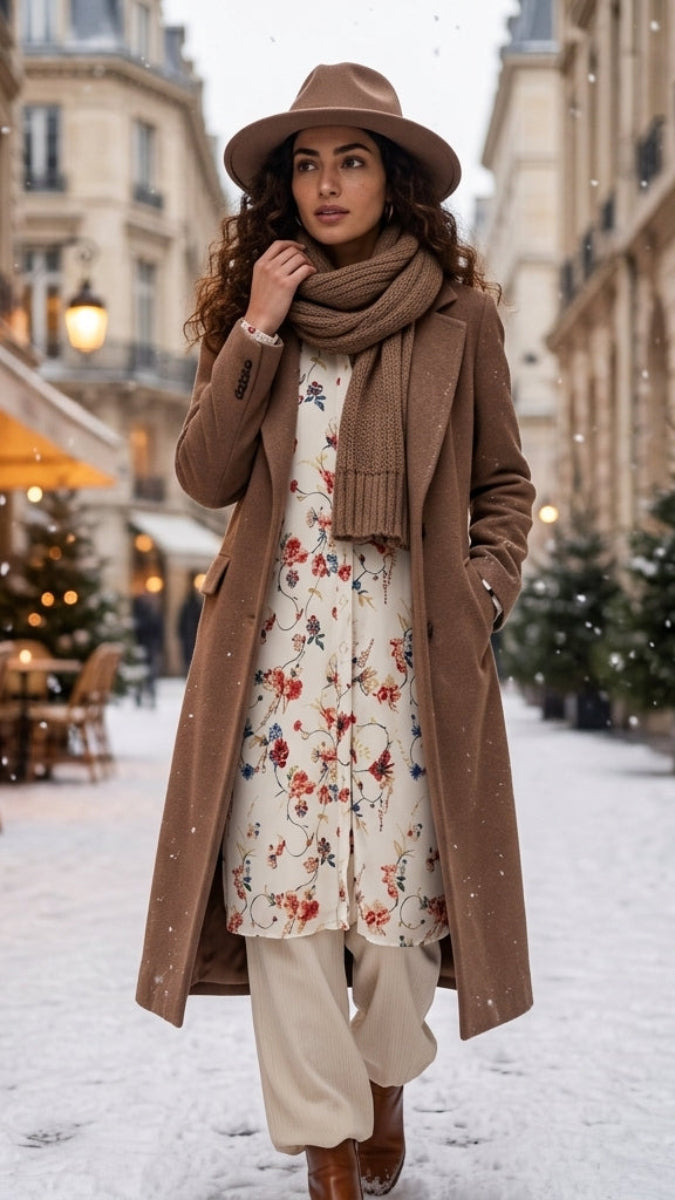 A woman stands in a snowy Parisian street wearing a long brown coat, matching hat, thick knit scarf, cream dress with a red and blue floral print, and beige trousers.