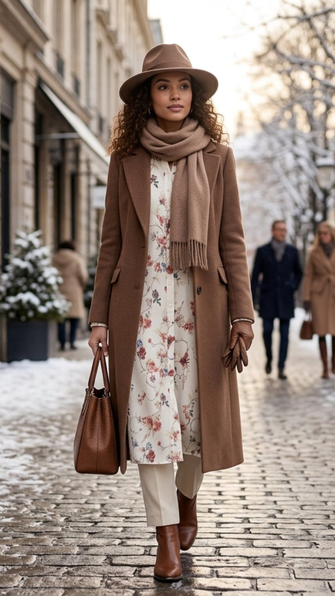A woman walks down a snowy cobblestone city street wearing a long brown coat, beige scarf, wide-brim brown hat, cream floral dress, cream pants, and brown ankle boots, while carrying a brown leather handbag.