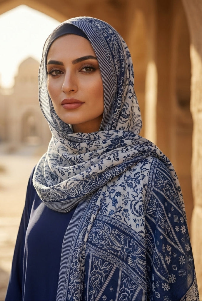 Alineh Navy Blue and White Non-slip Cotton Striped Wrap Hijab