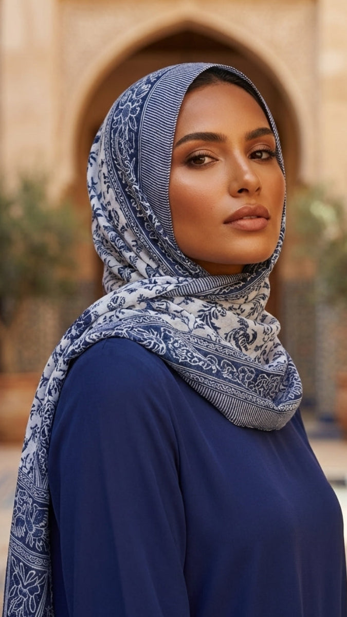 Woman wearing a blue dress and patterned headscarf in an outdoor setting with arches and plants.