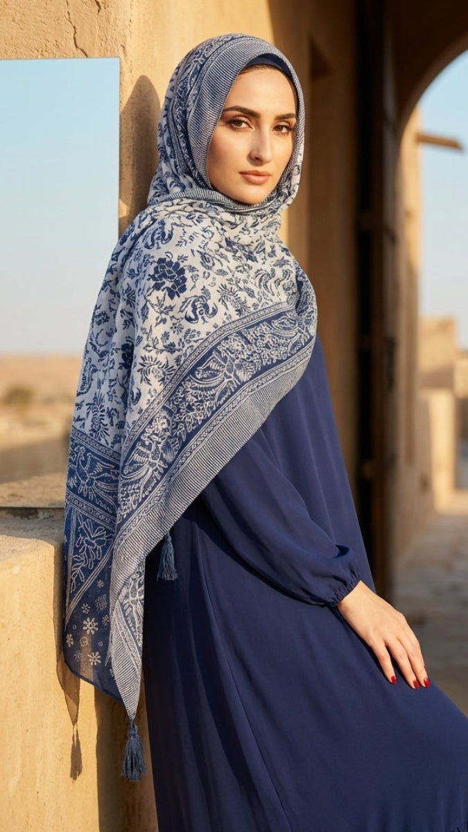 Alineh Navy Blue and White Non-slip Cotton Striped Wrap Hijab Scarf | Islamic Hijabs