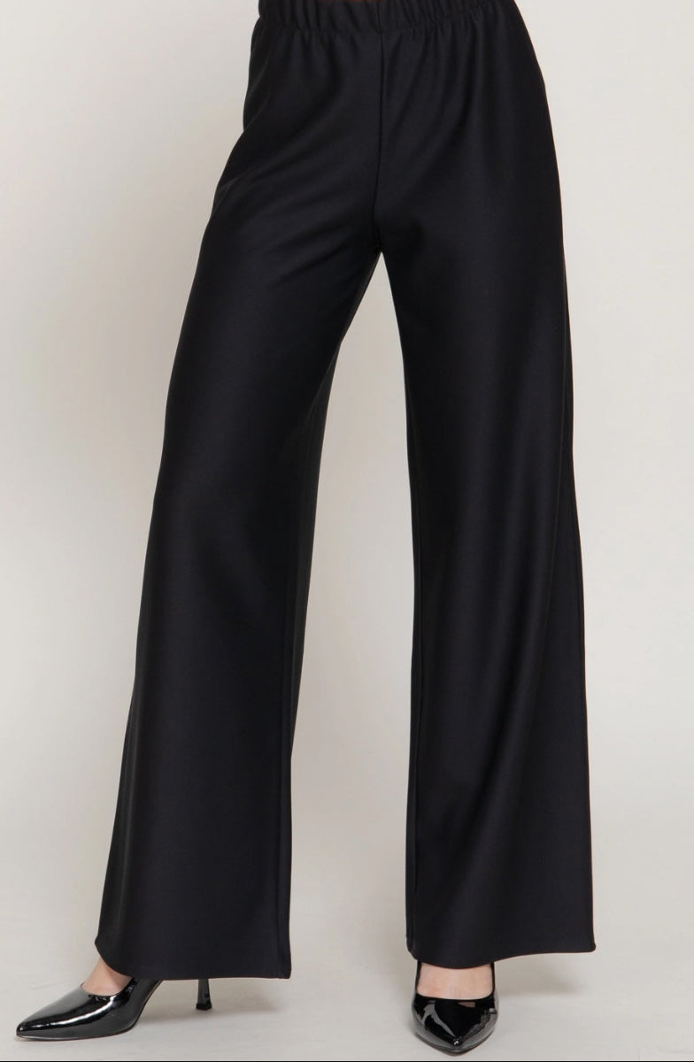 Black wide-leg pants on a plain background