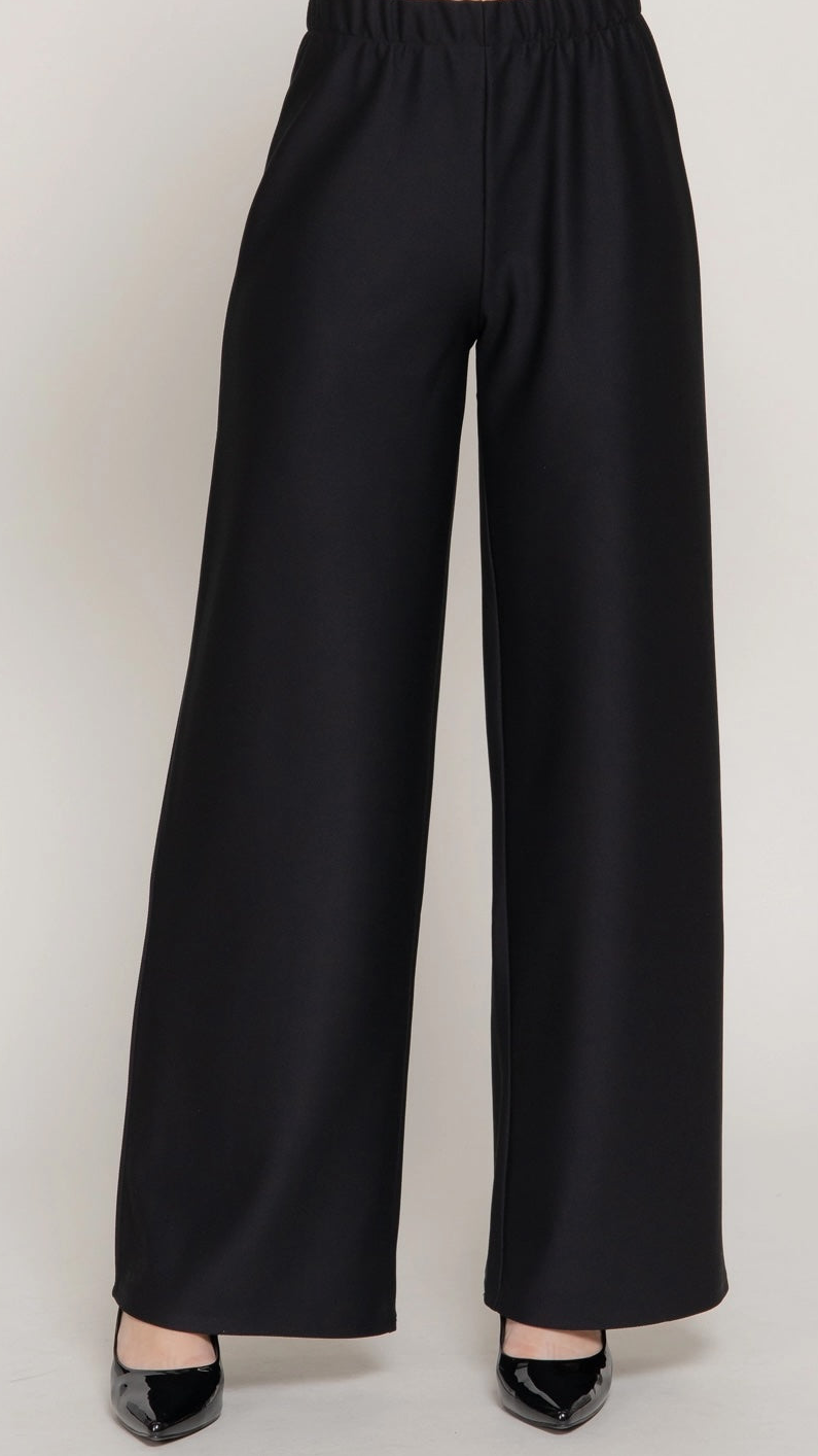 Black wide-leg pants on a plain background