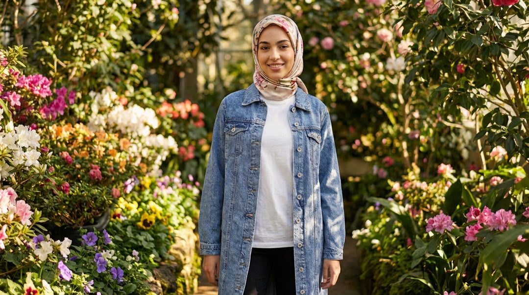 Woman wearing a denim jacket and headscarf standing among flowers