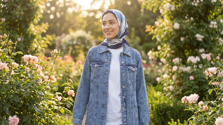 Woman wearing a denim jacket and headscarf standing in a garden with flowers.