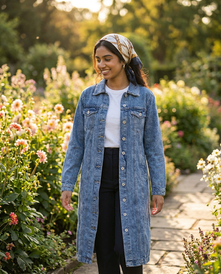 Woman wearing a denim jacket in a garden setting