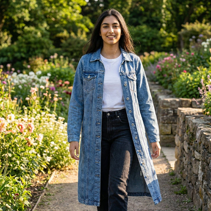 Woman wearing a denim jacket in a garden setting
