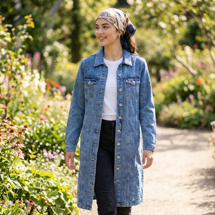 Woman wearing a long denim jacket in a garden setting