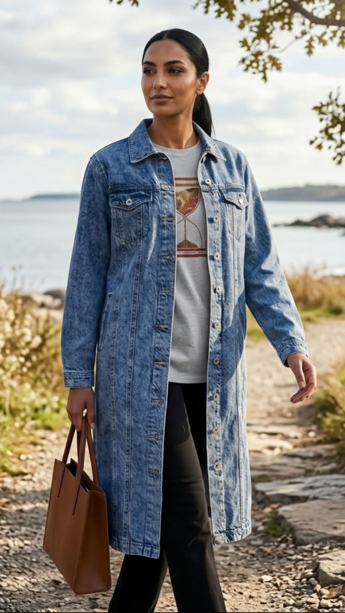 A woman stands on a stone path outdoors near the water, wearing a long light blue denim cover-up shirt over a white graphic T-shirt and black pants, while holding a brown tote bag.