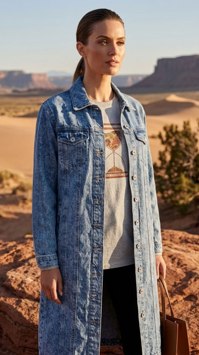 A woman stands outdoors in a desert canyon landscape wearing a long light blue denim shirt-jacket over a gray graphic T-shirt and black pants, holding a brown handbag.