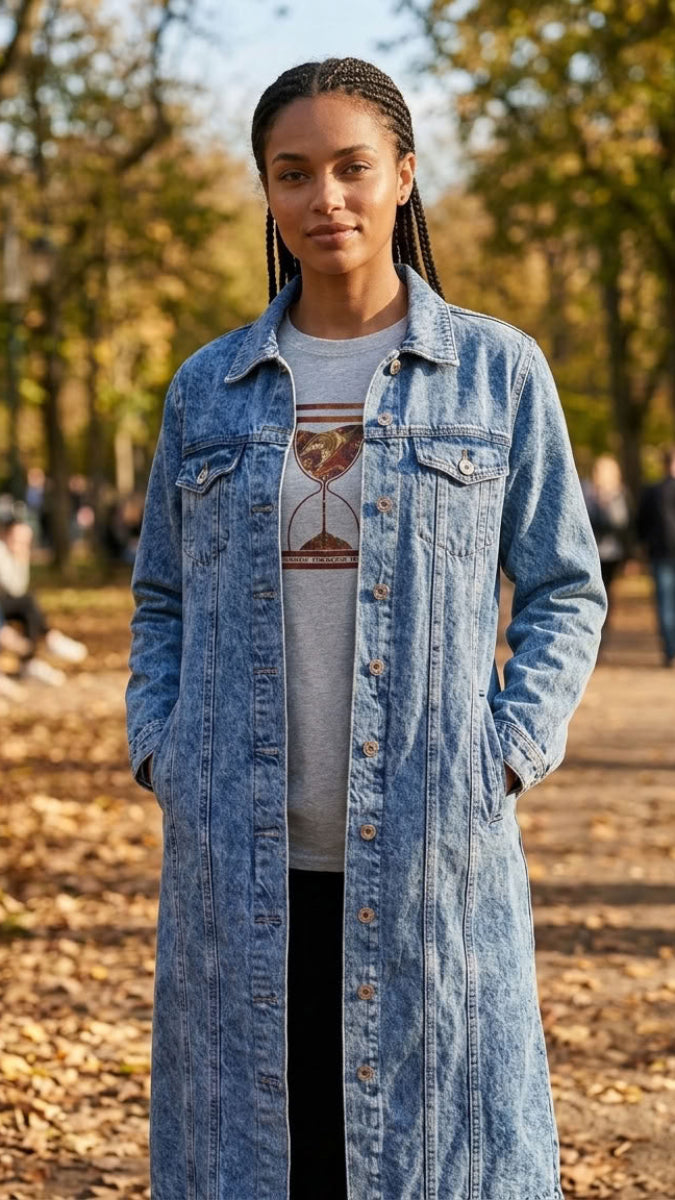 A woman standing in a park wearing a light blue denim longline coat over a gray graphic t-shirt and black pants.