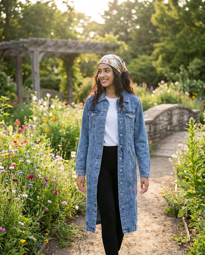 Woman in a denim jacket standing in a garden with flowers and a stone path.