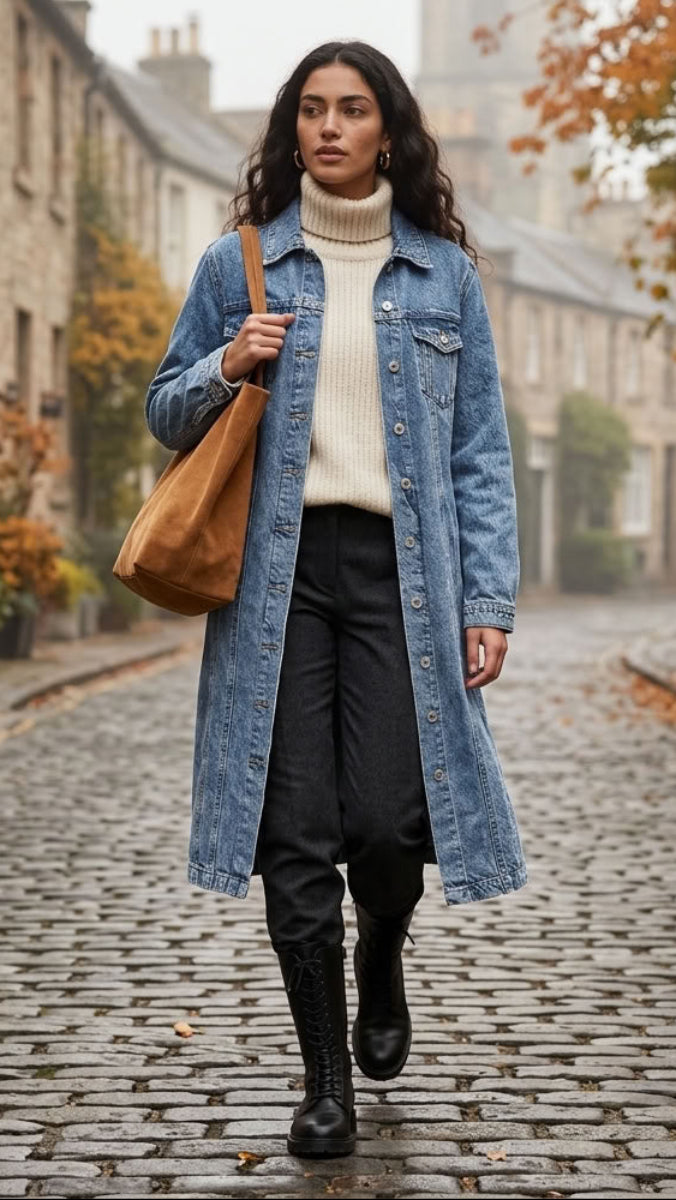 A woman walks down a cobblestone street wearing a long light blue denim coat over a cream ribbed turtleneck, black pants, and black lace-up boots, while carrying a large tan shoulder bag.