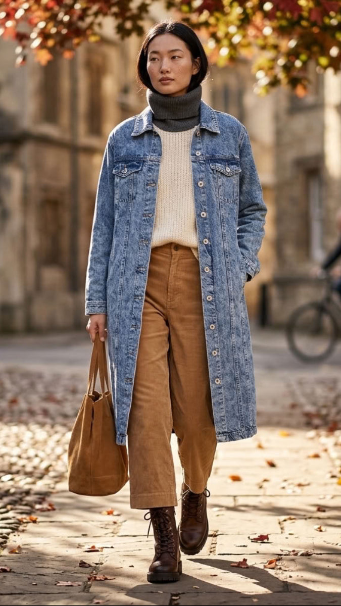 A woman walking outdoors on a sunlit cobblestone street wearing a light blue denim coat over a cream turtleneck, tan corduroy pants, and brown boots, while carrying a tan tote bag.