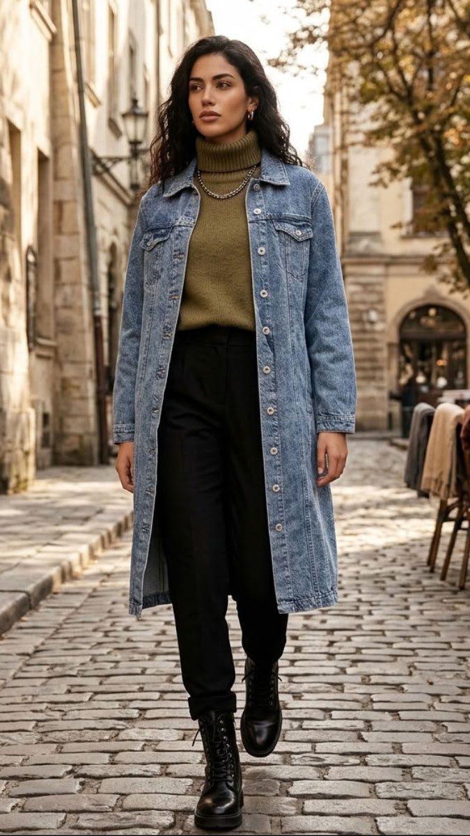A woman walking down a cobblestone street wearing a light blue denim coat over an olive green turtleneck, black pants, and black lace-up boots.