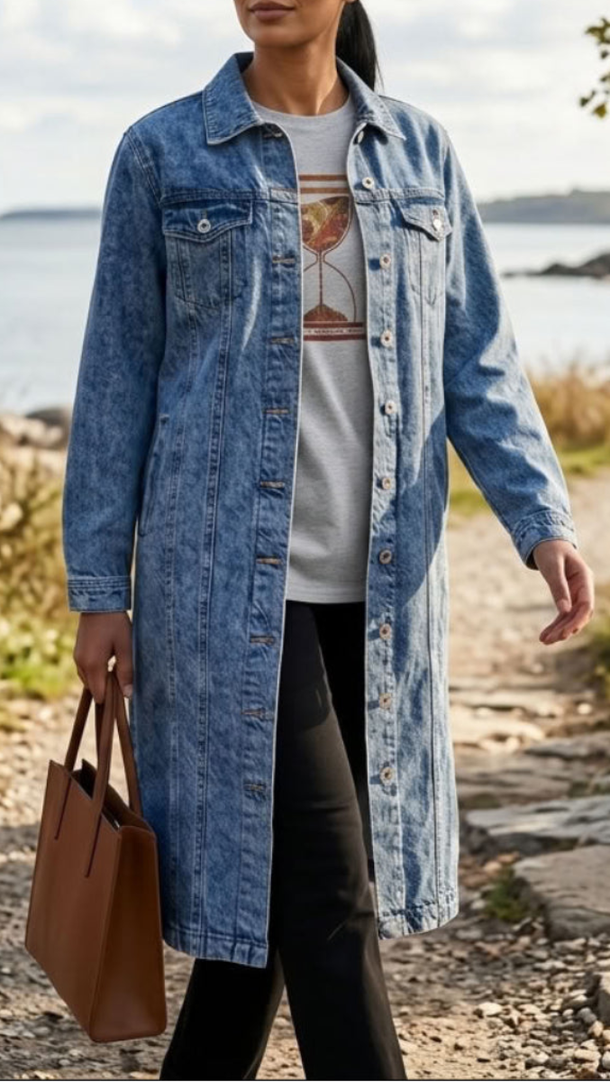 A woman outdoors by the water wears a long light-wash blue denim jacket over a white graphic T-shirt and black pants, while carrying a brown leather tote bag.