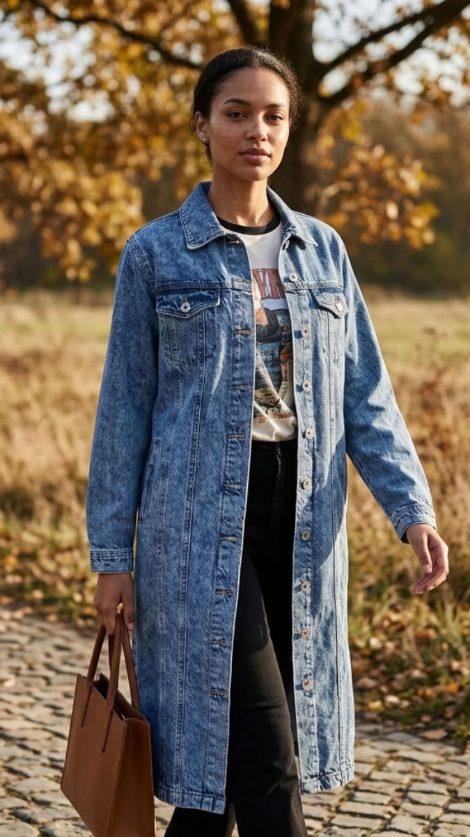 A woman stands on a cobblestone path outdoors wearing a long light-wash denim coat over a graphic T-shirt and black pants, holding a brown leather tote bag. Trees with autumn foliage are blurred in the background.