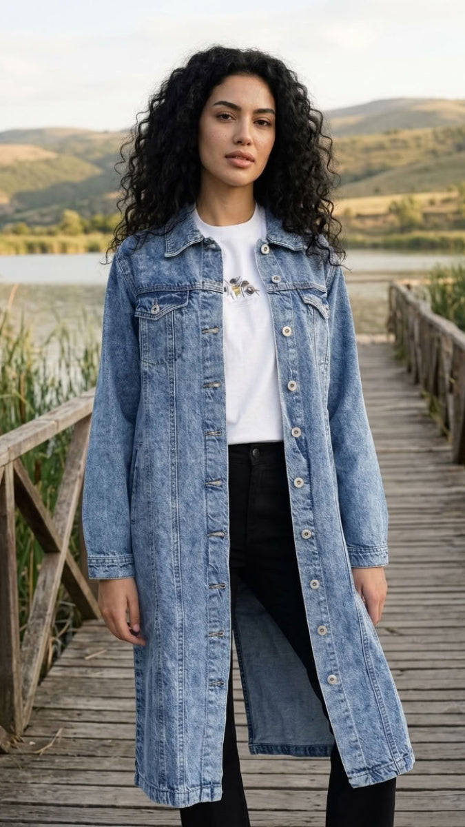 A woman with curly black hair stands on a wooden boardwalk by a lake, wearing a long light blue denim jacket over a white t-shirt and black pants, with hills in the background.