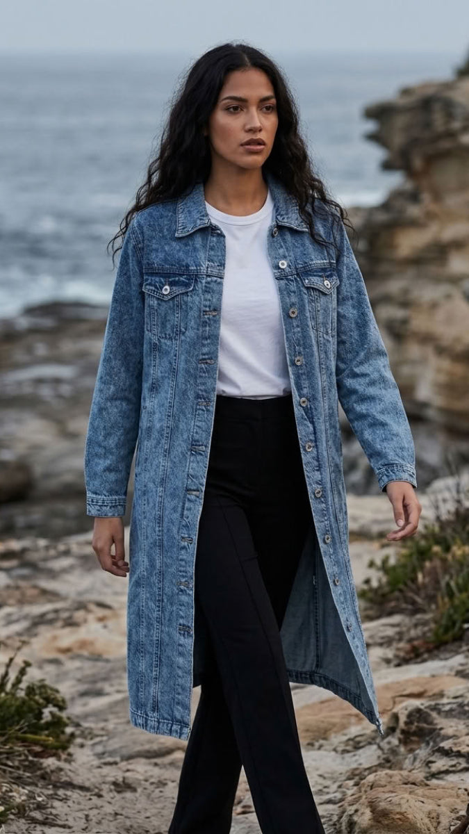 A woman stands on rocky coastal ground wearing a long light-wash blue denim jacket over a white top and black pants, with the ocean and cliffs in the background.