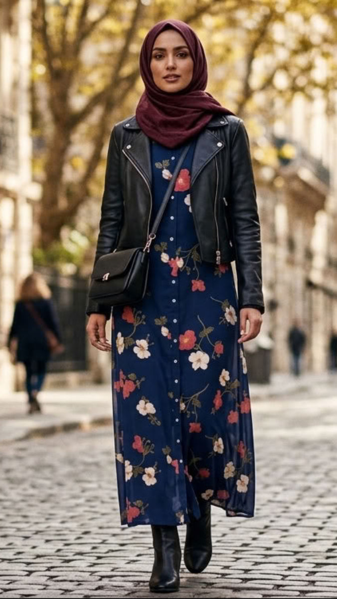 A woman walking down a cobblestone city street wearing a dark floral maxi dress, a black leather jacket, and a deep plum hijab.