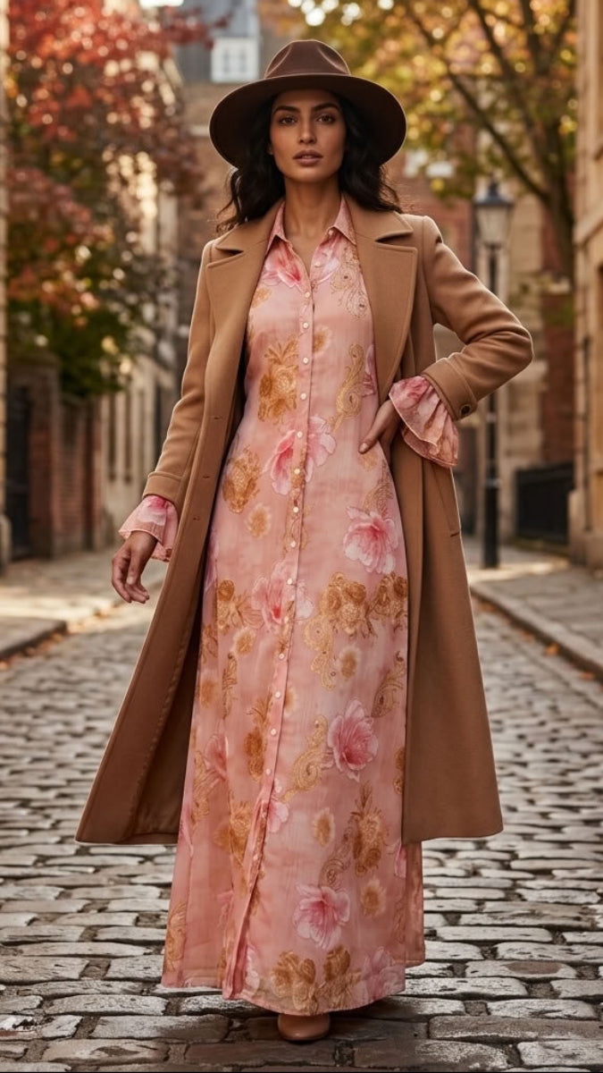 Alizeh Button Front Chiffon Modest Long Maxi Dress - Damask Rose
