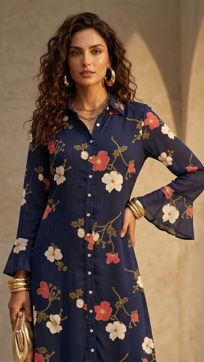 A woman models a navy blue long-sleeve button-up dress with a vibrant floral print in pink, white, and red, styled with gold jewelry against a warm beige stone archway background.