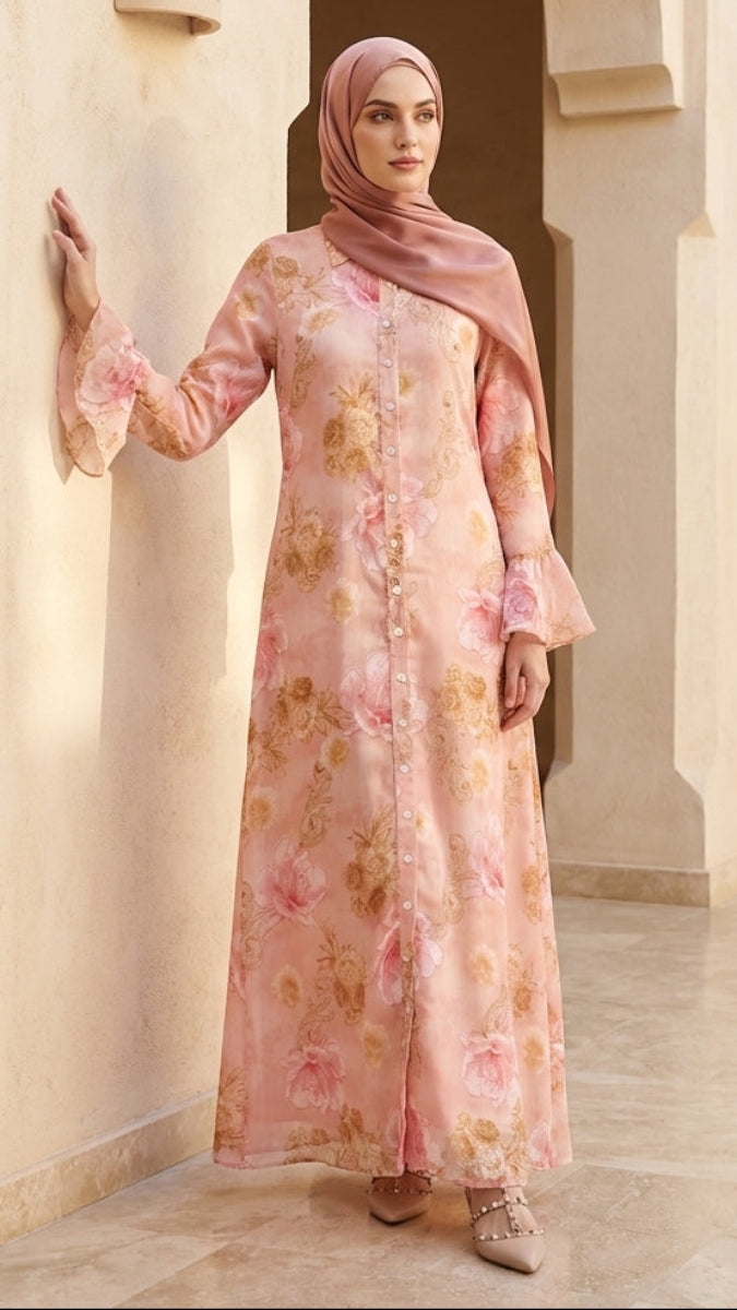 Woman in a floral dress and hijab standing in a sunlit outdoor setting with columns and a plant.