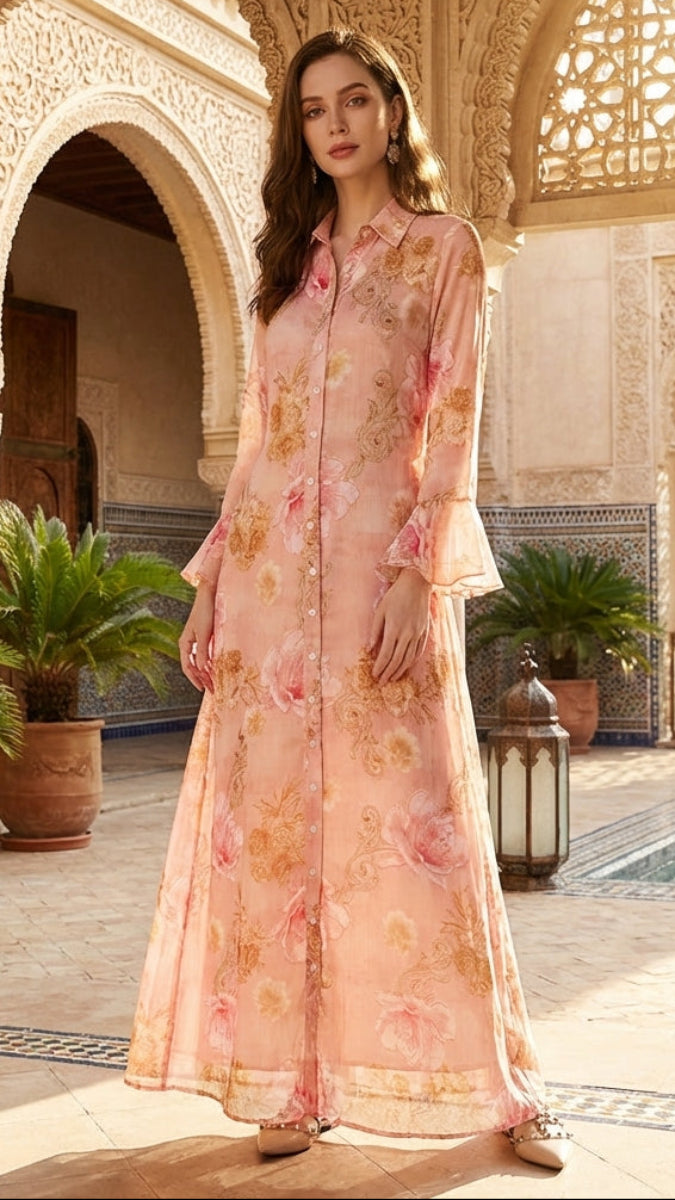 Alizeh Button Front Print Chiffon Modest Long Maxi Dress - Pink