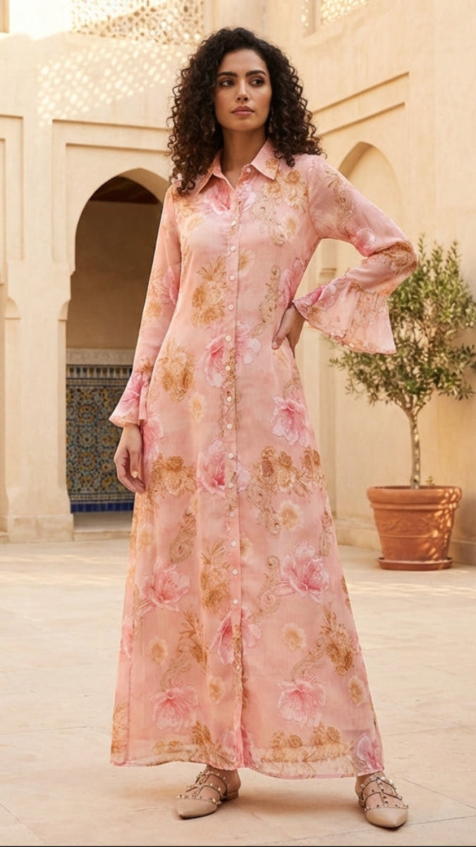 Alizeh Button Front Print Chiffon Modest Long Maxi Dress - Pink
