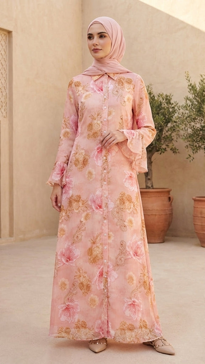 Alizeh Button Front Print Chiffon Modest Long Maxi Dress - Pink Damask Rose | Modest Muslim Dresses