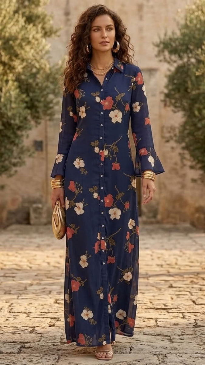 A woman stands outdoors on a stone path wearing a long navy maxi dress with a white, red, and orange floral print. The dress has a button-down front, collar, and three-quarter sleeves with gold cuffs.