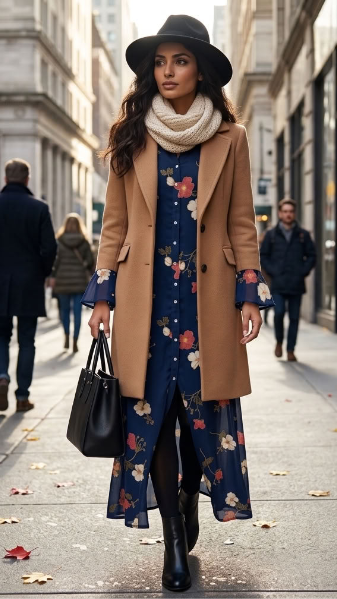 A woman walking down a city street wearing a long tan coat over a navy floral dress, a cream knit scarf, a black wide-brim hat, black ankle boots, and carrying a black handbag.