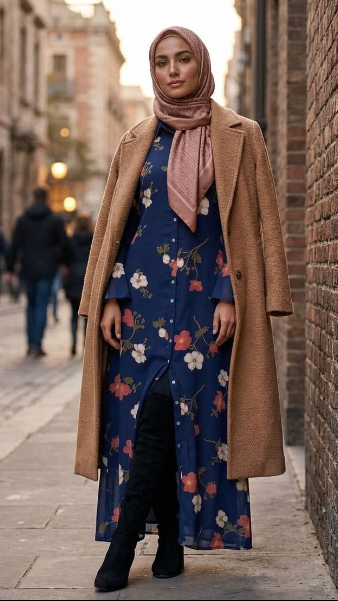 A woman stands on a cobblestone street wearing a navy blue floral maxi dress, a camel brown overcoat, a dusty pink hijab, and black boots. The background shows a blurred brick wall and other pedestrians in a city setting.