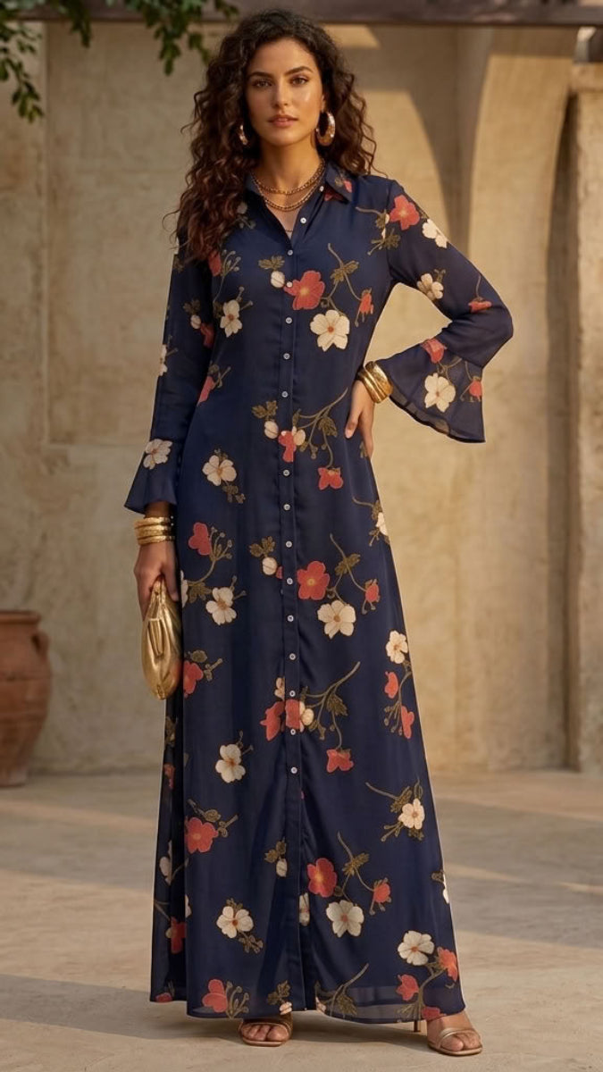 A woman stands outdoors in a courtyard wearing a navy maxi dress with a red, white, and orange floral print. The dress has a button-up front, long flared sleeves, and a flowing skirt.