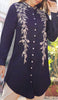 Alvina Embroidered Mostly Cotton Modest Buttondown Shirt - Navy