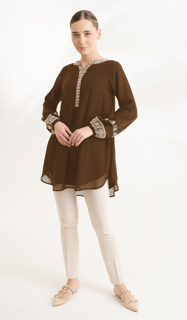Amalie Embroidered Long Modest Tunic - Cocoa - PREORDER (ships in 2 weeks)