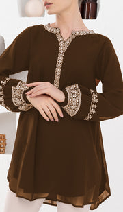 Amalie Embroidered Long Modest Tunic - Cocoa - PREORDER (ships in 2 weeks)