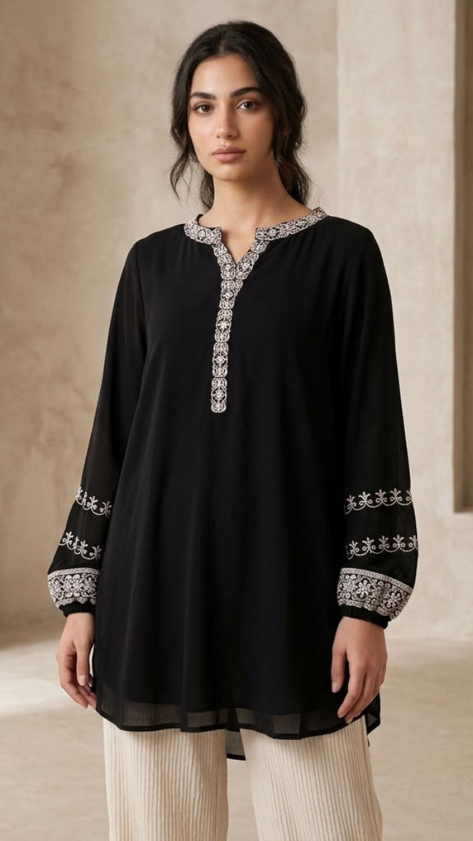 Amalie Embroidered Long Modest Tunic - Black