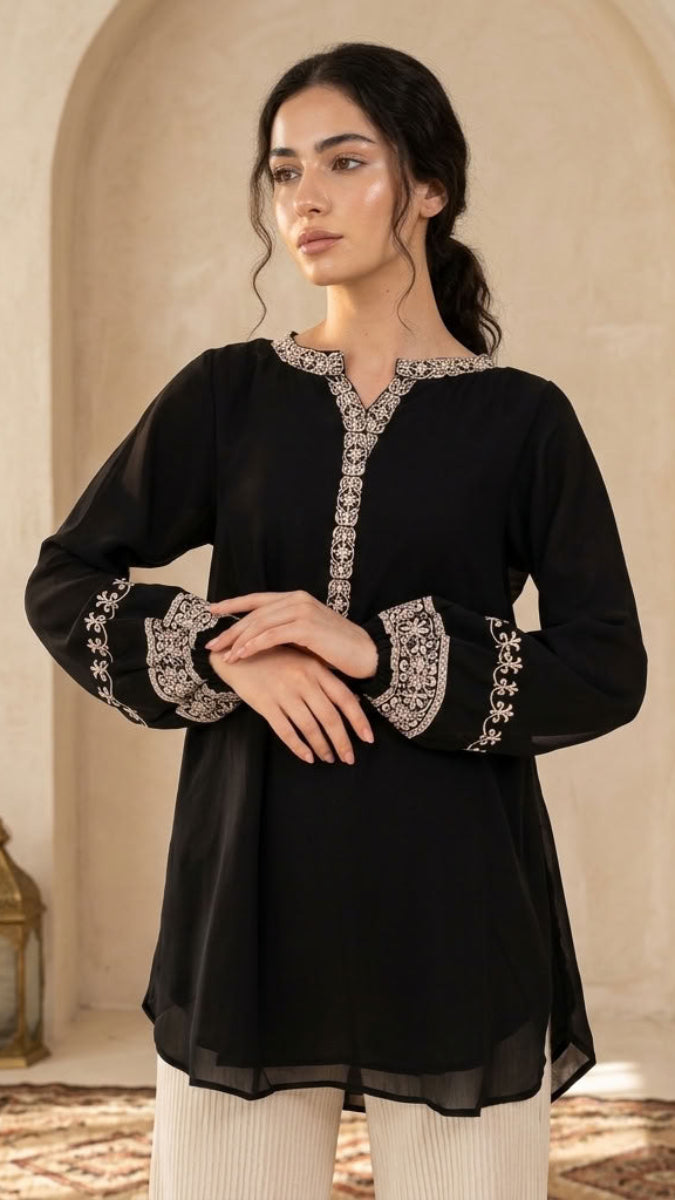Amalie Embroidered Long Modest Tunic - Black