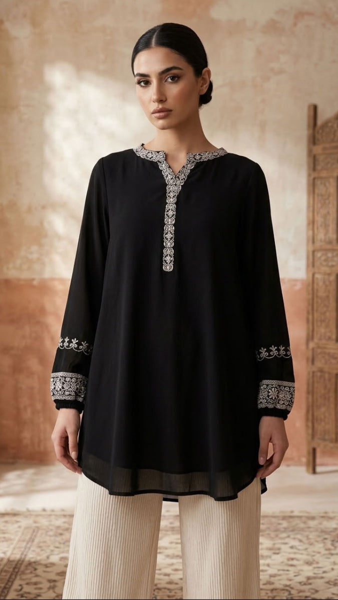 Amalie Embroidered Long Modest Tunic - Black