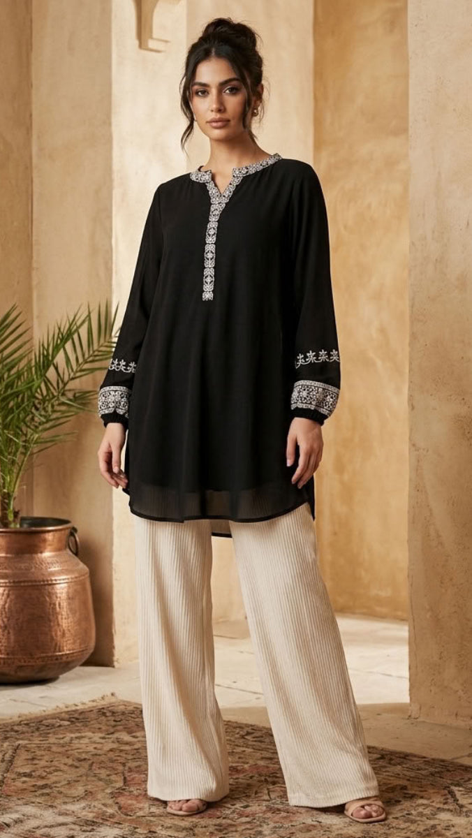 Amalie Embroidered Long Modest Tunic - Black