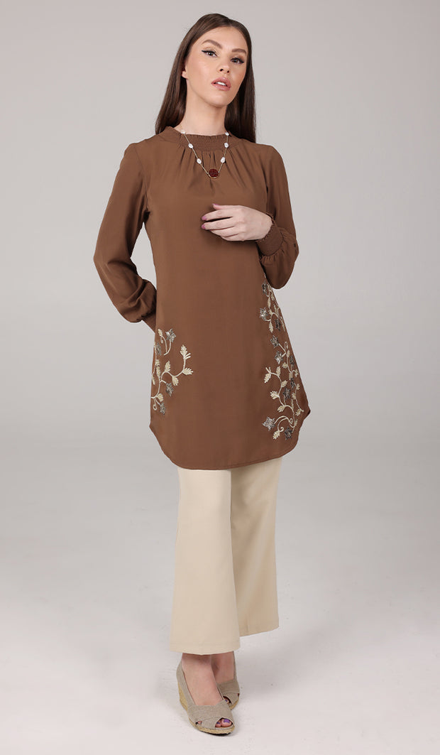 Amina Embroidered Formal Long Modest Tunic - Clay