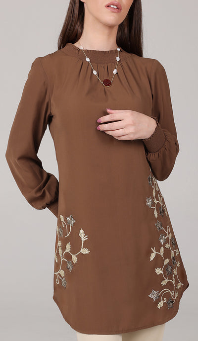 Amina Embroidered Formal Long Modest Tunic - Clay