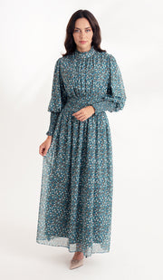 Anisa Modest Long Floral Print Elastic Waist Maxi Dress - Teal